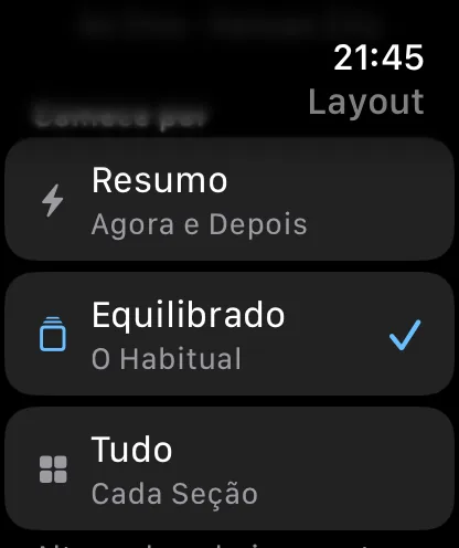 A lista Ponto de Partida no relógio — Visão Rápida, descrita como Agora e a seguir, Equilibrado, descrito como O de sempre e marcado no momento, e Tudo, descrito como Todas as seções.