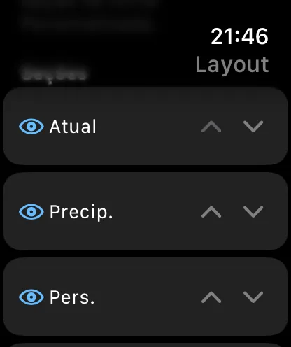 A lista Seções no relógio, cada linha com um botão de olho e um par de divisas para cima e para baixo — Condições Atuais, Precip. e Personalizado.