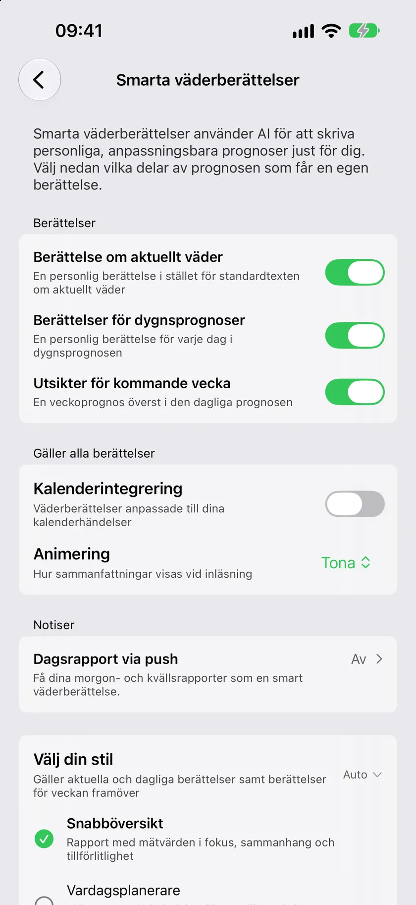 Inställningsskärmen för Smarta väderberättelser med avsnittet Berättelser och ett reglage per berättelse