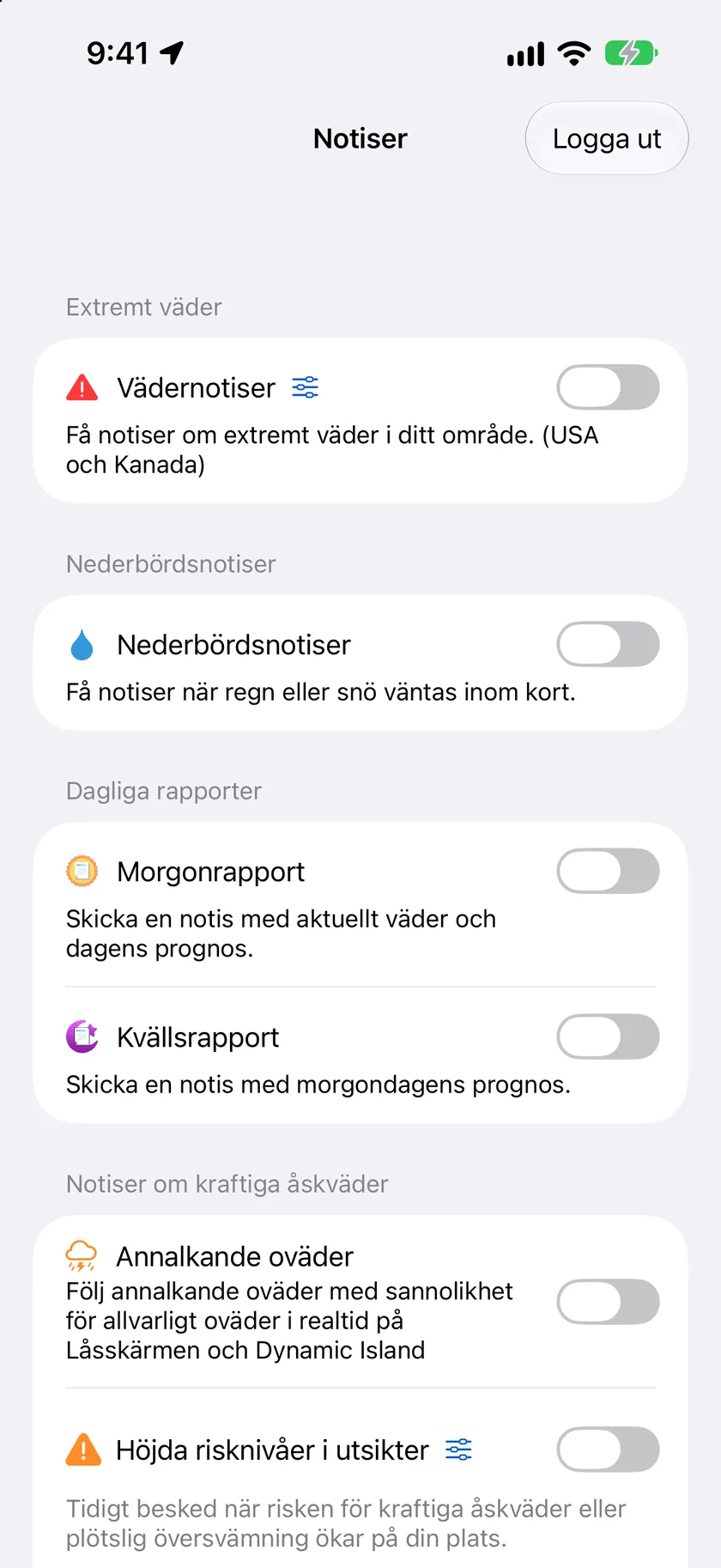 Skärmen med notisinställningar med avsnitten Extremt väder, Nederbördsnotiser, Liveaktivitet och Dagliga rapporter, alla påslagna.