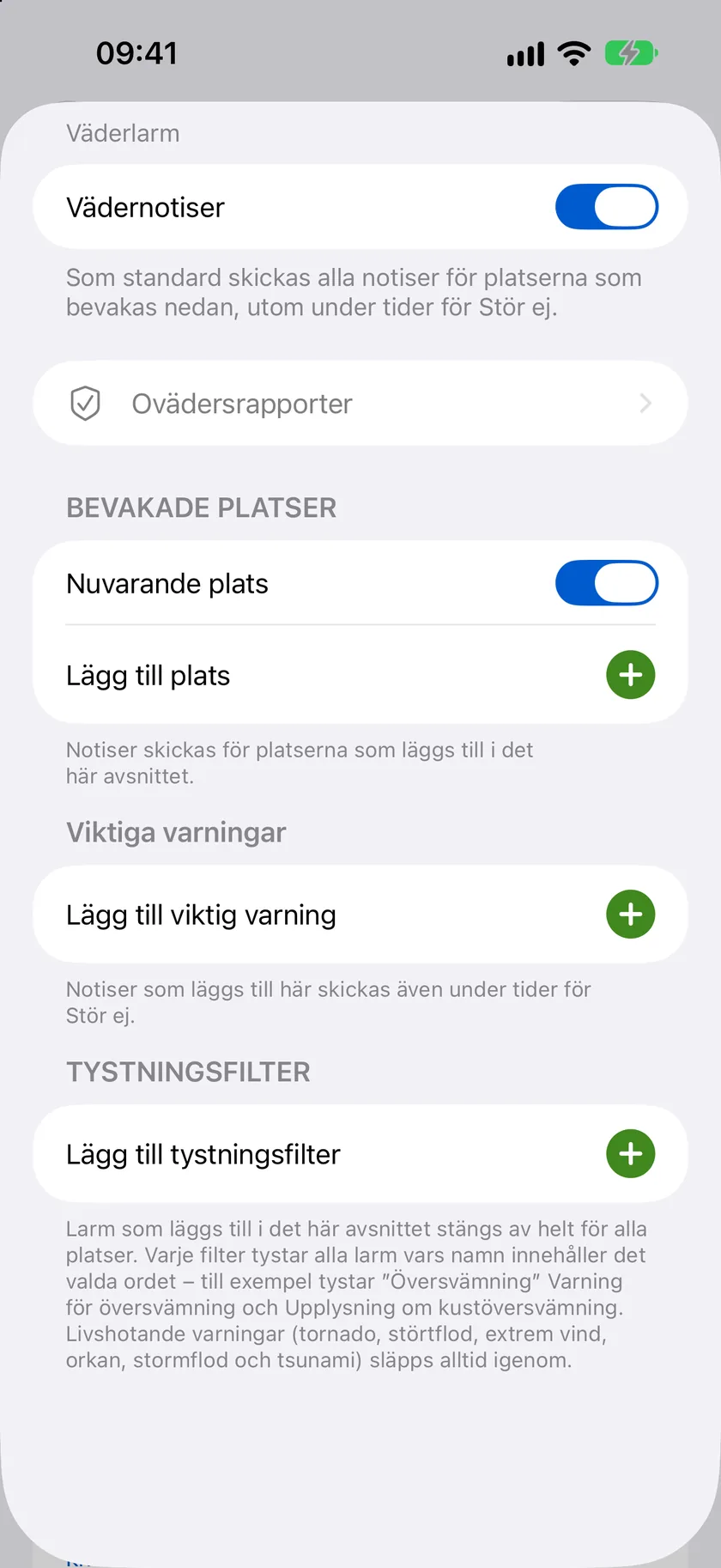 Detaljbladet Väderlarm med huvudreglaget och avsnitten Bevakade platser, Viktiga varningar och Tystningsfilter.