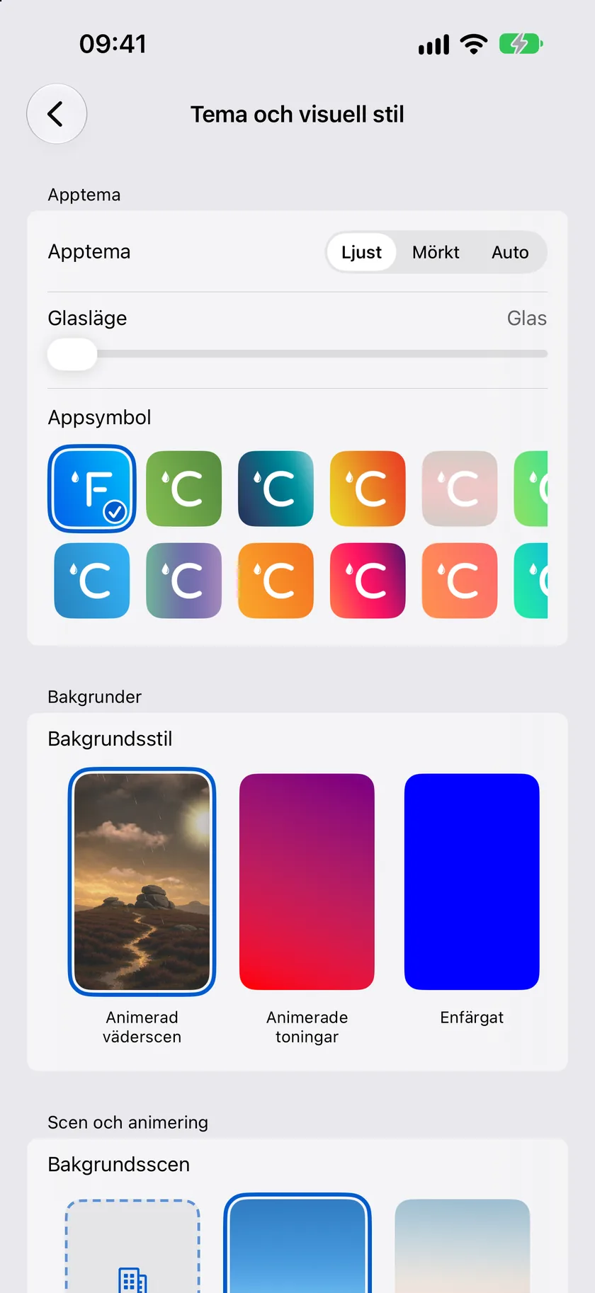 Inställningsskärmen Tema och visuell stil med Apptema, Bakgrunder och scenkort