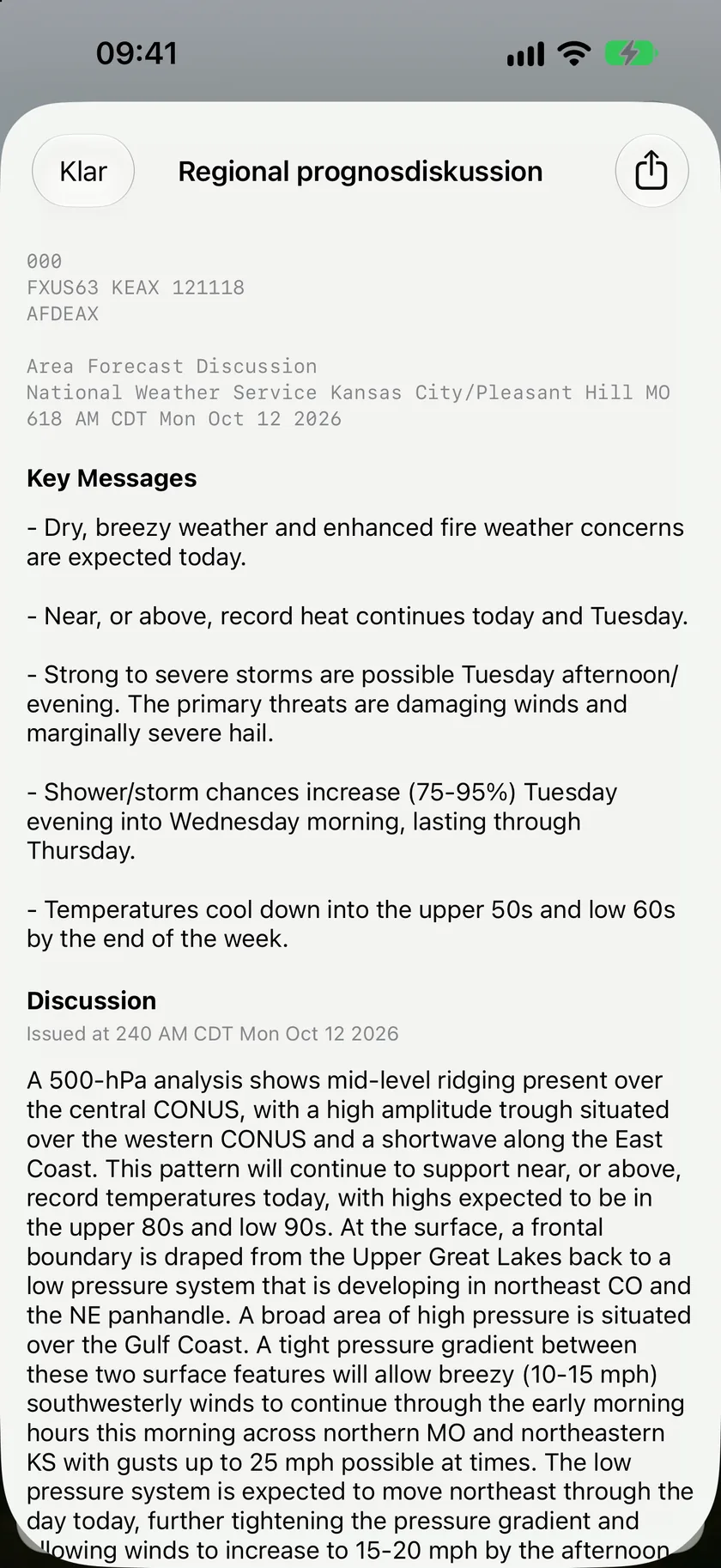 Arket Area Forecast Discussion med en genomgång från National Weather Service och de viktigaste budskapen.