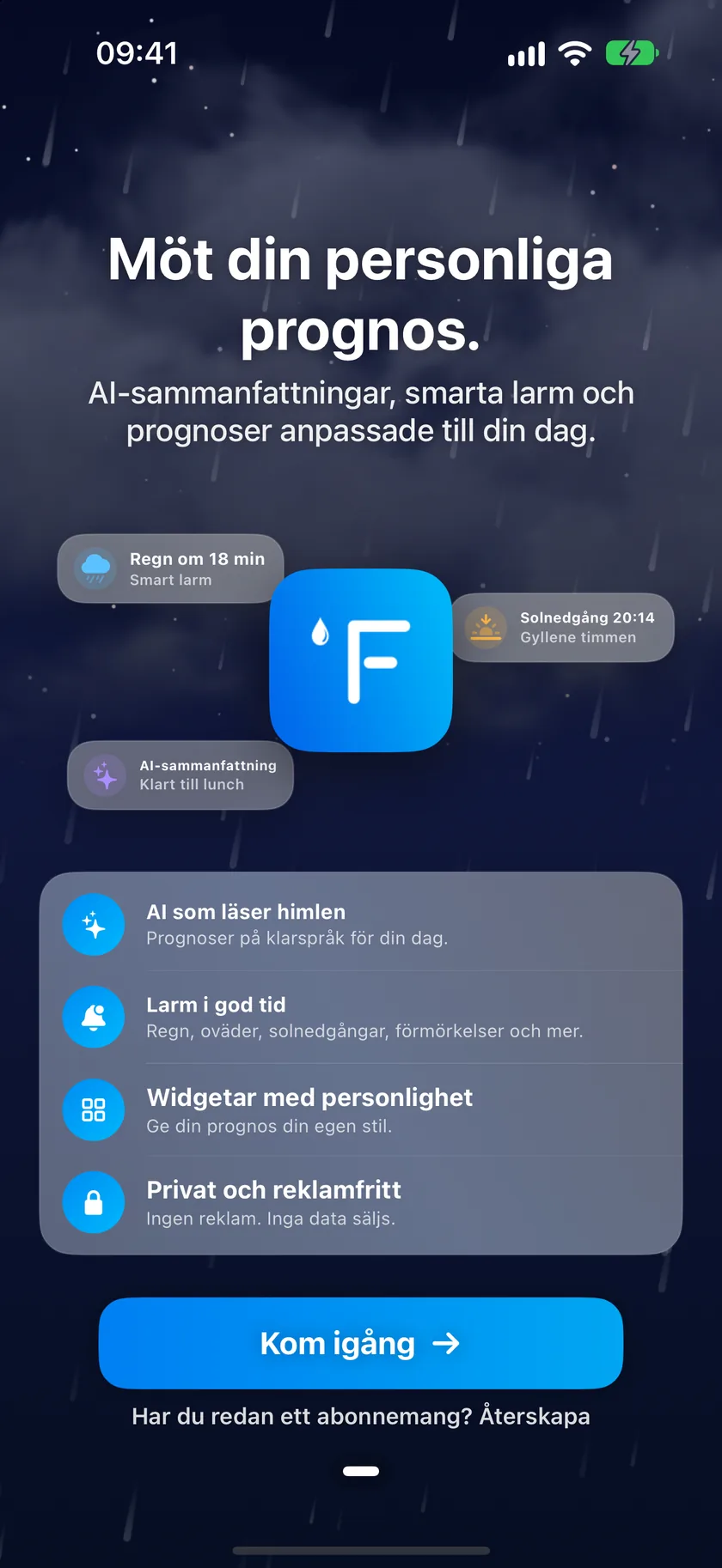 Välkomstskärmen i introduktionsguiden med exempel på notisetiketter, en checklista över funktioner och knappen Kom igång.