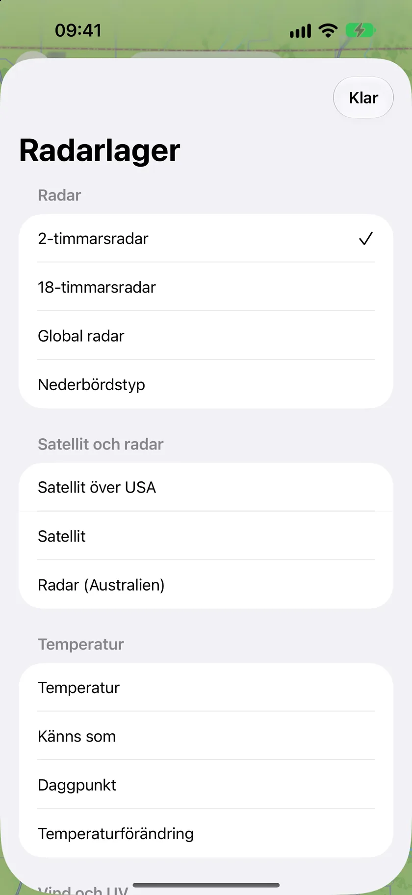 Arket Radarskikt med Radar 2 timmar, Radar 18 timmar, Global radar, Nederbördstyp samt satellit- och temperaturskikt.