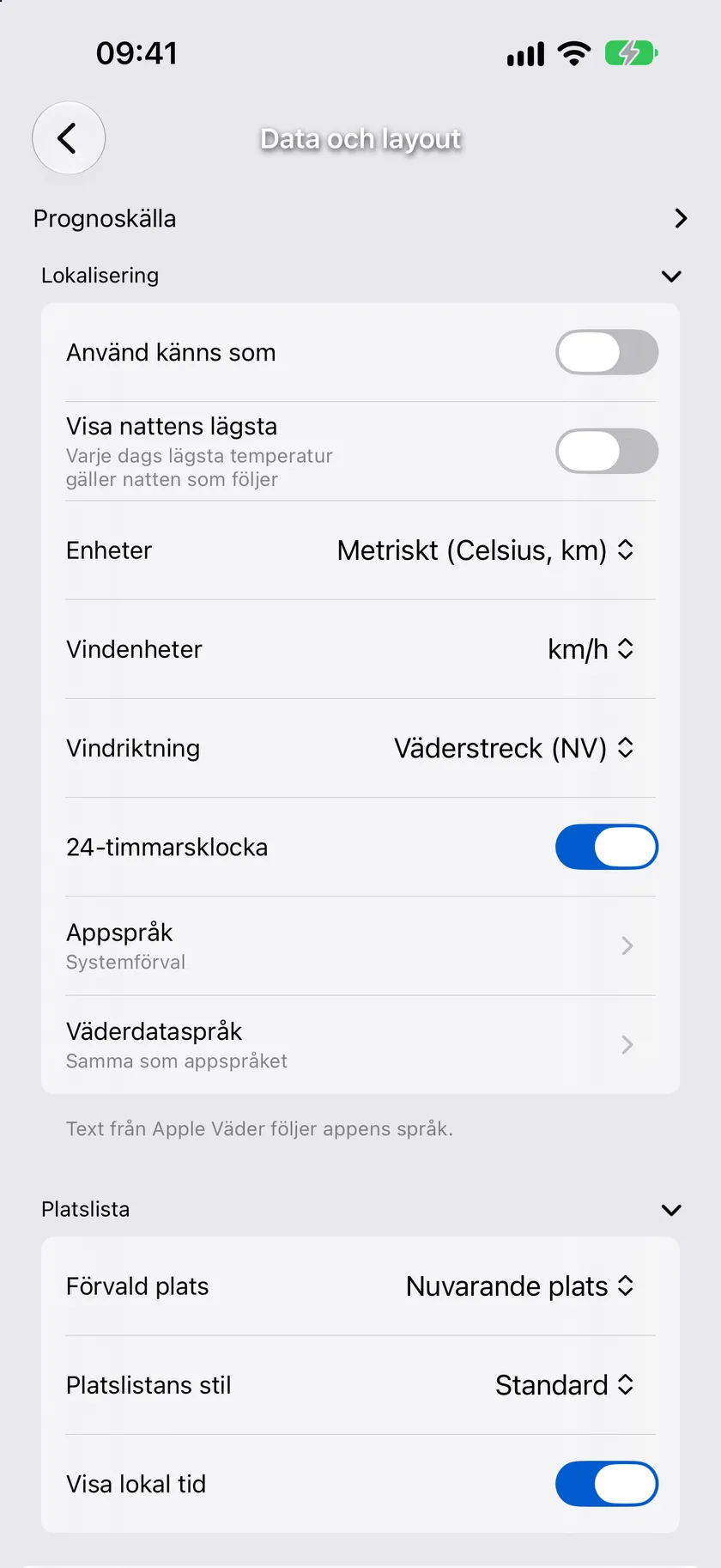 Inställningsskärmen Data och layout med avsnitt som kan fällas ihop