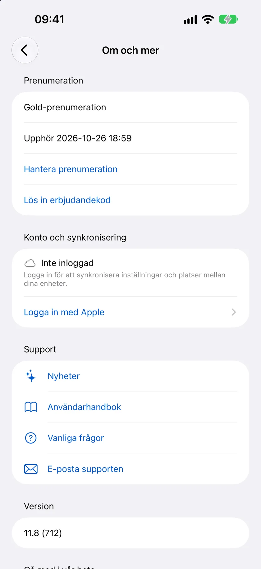 Skärmen Om och mer med avsnittet Konto och synkronisering som erbjuder Logga in med Apple