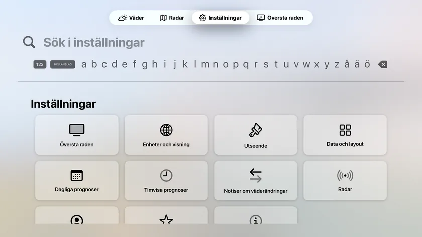 Inställningsskärmen på Apple TV med elva rutor, från Översta raden till Om och mer.