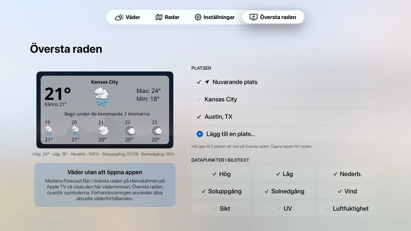 Inställningsskärmen för översta raden med ett förhandsvisningskort i realtid, platslistan begränsad till två och rutnätet med datapunkter för bildtexten.