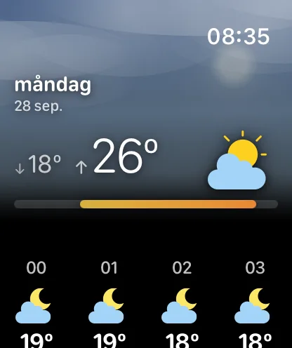 En detaljskärm för torsdag 24 september, under en himmel färgad för den dagen med ett solsken – en nedåtpil och 63 grader bredvid stora 77 grader med en symbol för sol bakom moln, en temperaturstapel skalad efter veckan och dagens egen timremsa som börjar på 00, 01, 02 och 03.