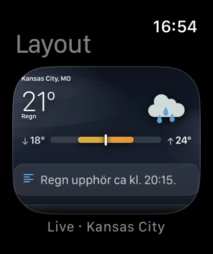 Skärmen Layout på klockan, med rubriken Layout, som visar en förminskad levande förhandsvisning av huvudskärmen med Kansas City med 72 grader och Molnigt, med bildtexten Live · Kansas City.