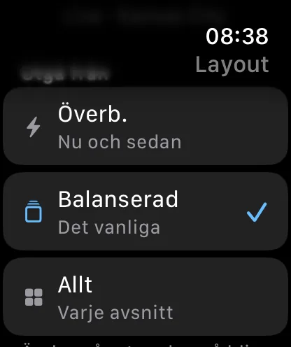 Listan Utgå från på klockan – Snabbtitt beskriven som Nu och härnäst, Balanserad beskriven som Det vanliga och för närvarande förbockad, och Allt beskriven som Alla sektioner.