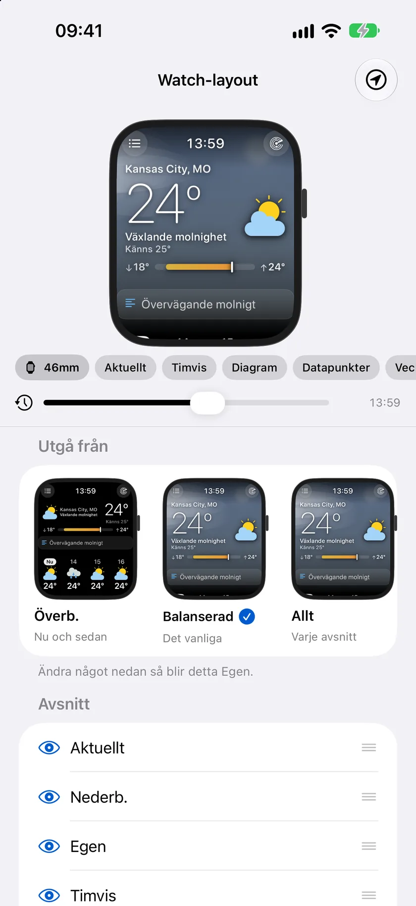 Klocklayout på iPhone – en klockboett som kör den riktiga huvudskärmen med Kansas City med 71 grader och Molnigt, ett val för 46 mm och sektionsval under den, ett tidslinjereglage som visar 13:59, sedan korten under Utgå från för Snabbtitt, Balanserad och Allt och en lista med Sektioner.
