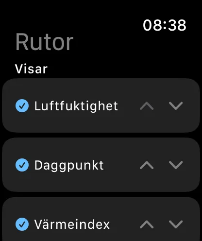 Skärmen Rutor på klockan, med rubrikerna Rutor och Visas, där Luftfuktighet, Daggpunkt och Värmeindex är förbockade och har vinklar uppåt och nedåt.