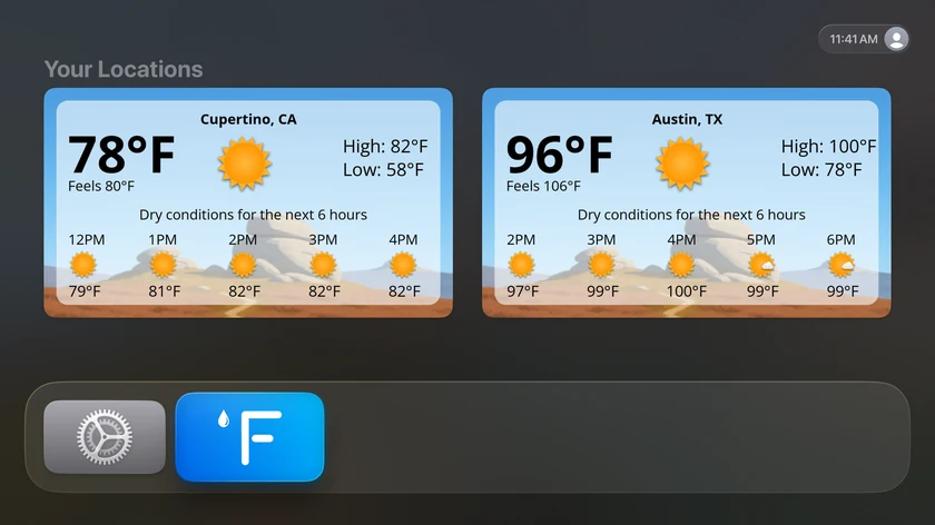 The Apple TV Home Screen with the Forecast Bar Top Shelf showing live forecasts