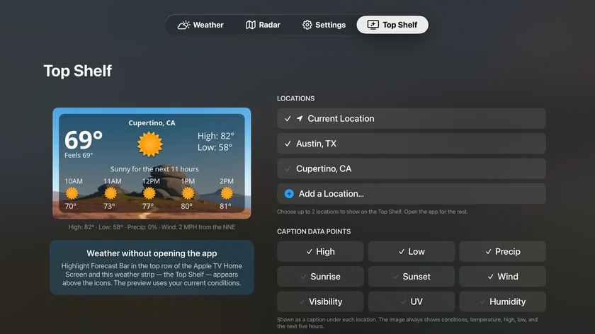 The Top Shelf settings screen with a live preview card, the locations list limited to two, and the caption data point grid.