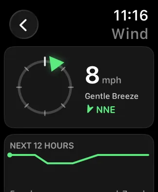 The same Wind screen on a 40mm Apple Watch SE: a smaller compass ring on the left with the same green marker, 8 mph, Gentle Breeze and NNE beside it, and the NEXT 12 HOURS card with its green line below.