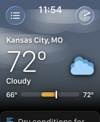 The Apple Watch main screen on a 40mm Apple Watch SE, showing Kansas City, MO at 72 degrees and Cloudy under a grey-blue sky, with the 66 to 72 degree range bar and the start of the summary card, everything still legible at the smaller size.