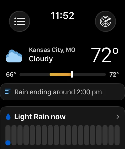 The watch app's main screen with the Compact header — no sky, a tight row of cloud icon, Kansas City, Cloudy and 72 degrees, then a range bar, a summary card, and a Light Rain now precipitation card.