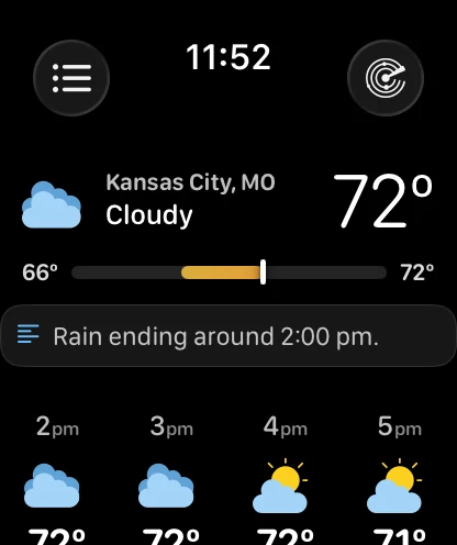 The Apple Watch main screen under the Glance preset: no sky, a tight black header with a cloud icon, Kansas City, MO, Cloudy and 72 degrees, a 66 to 72 degree range bar, a summary card reading Rain ending around 2:00 pm, and the hourly strip below it showing 2pm, 3pm, 4pm and 5pm with icons and temperatures.