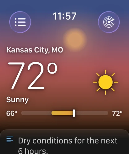 The same Apple Watch main screen with the sky a rose and amber gradient and a warm sun disc high in it, over Kansas City, MO at 72 degrees and Sunny, with the same 66 to 72 degree range bar and summary card.