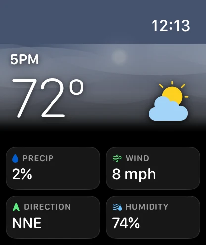 An hour detail screen for 5PM under a tinted sky — 72 degrees with a partly cloudy icon, then tiles reading PRECIP 2 percent, WIND 8 mph, DIRECTION NNE and HUMIDITY 74 percent.