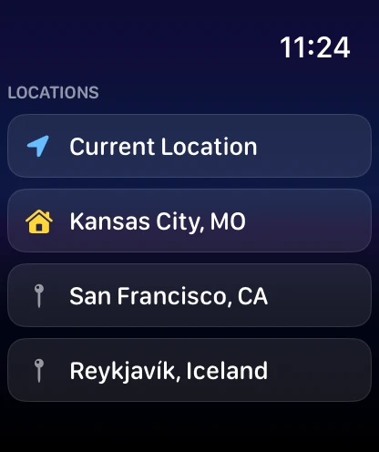 The watch's location list, headed Locations: a Current Location row with a blue arrow, then Kansas City, MO with a gold house, San Francisco, CA with a grey pin and Reykjavík, Iceland with a grey pin.