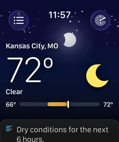 The same Apple Watch main screen with a deep indigo sky scattered with small white stars and a bright moon disc near the top, over Kansas City, MO at 72 degrees and Clear, with the same range bar and summary card.