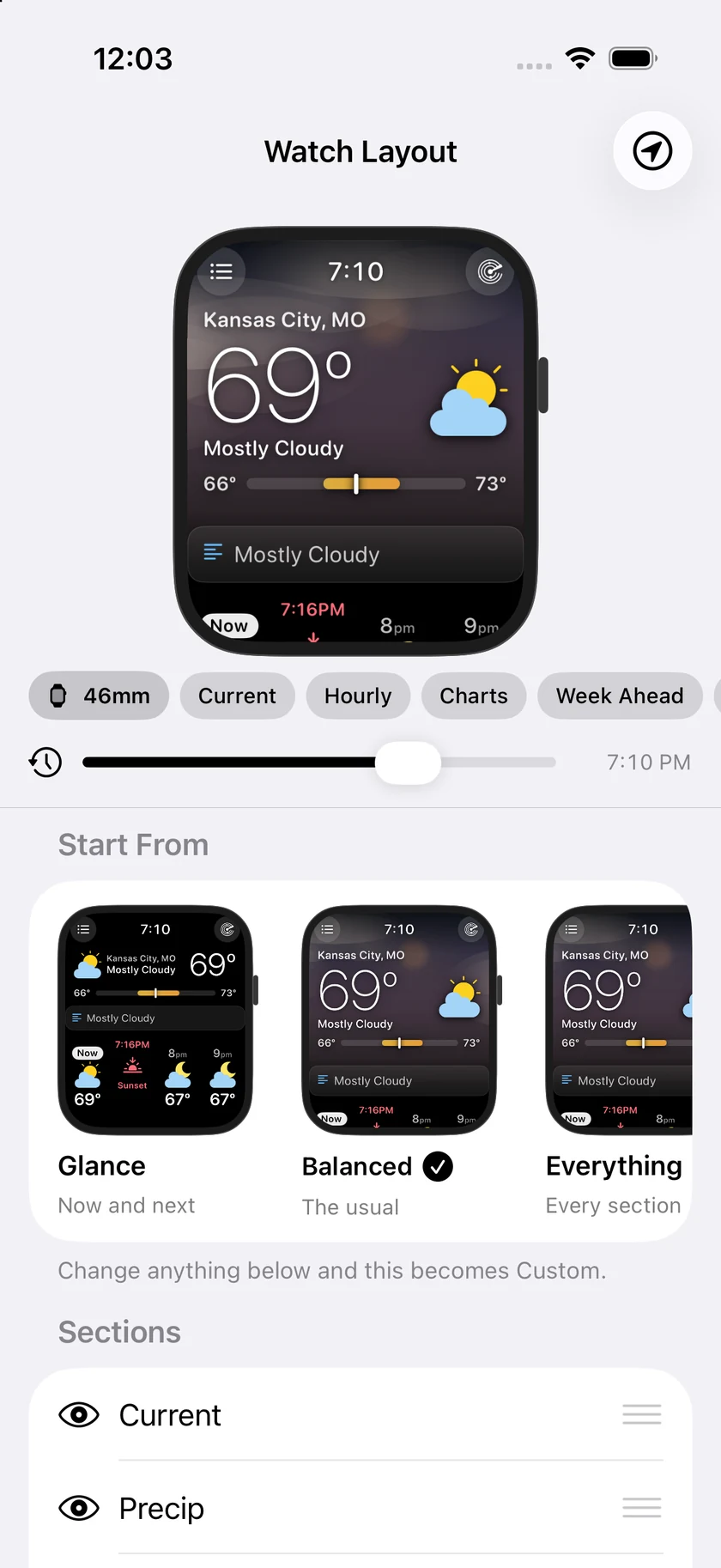 The same Watch Layout screen with the timeline dragged to 7:10 PM: the watch preview now shows a dusk-mauve sky over Kansas City at 69 degrees and Mostly Cloudy, the hourly strip beneath it marking 7:16PM sunset in rose between Now and 8pm, and the three preset cards showing the same dusk screen.