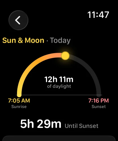 The Sun and Moon screen on Apple Watch: a gold and orange arc with a glowing sun puck just past its crest, 12 hours 11 minutes of daylight written in the centre, 7:05 AM sunrise and 7:16 PM sunset at either end, and 5 hours 29 minutes until sunset below.