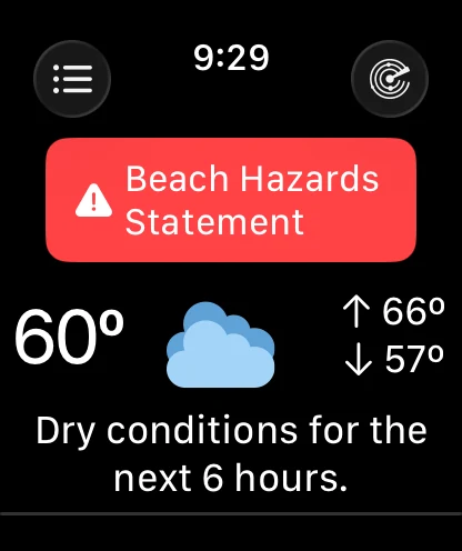 The watch app showing a red severe weather alert pill, current temperature with condition icon, high and low, and the summary line.