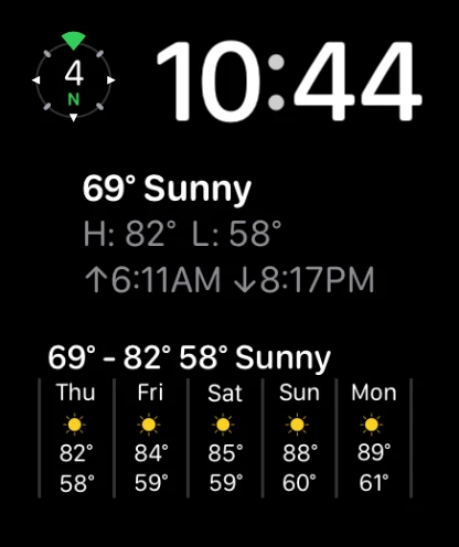 A watch face with three Forecast Bar complications - a wind compass gauge, current conditions with high, low, sunrise and sunset, and the Smart complication showing the five-day forecast.
