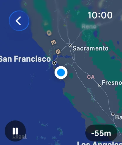 The watch radar map centered on the wearer's location with the play-pause button and a time pill reading minus 55 minutes.