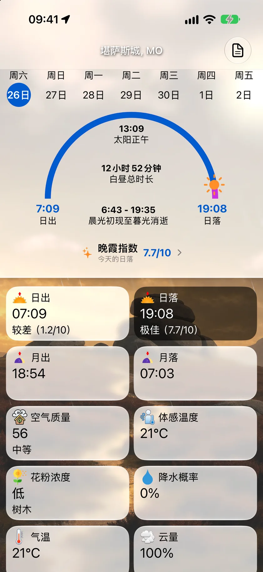 日出与日落详情界面,显示太阳轨迹、日出和日落时间、晚霞指数,以及下方的数据点网格。