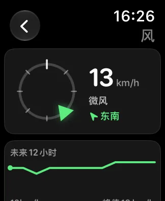 40mm Apple Watch SE上的同一风屏幕——左侧是较小的罗盘圆环，旁边是8英里/小时、微风和北东北，下方是“未来12小时”迷你走势线。