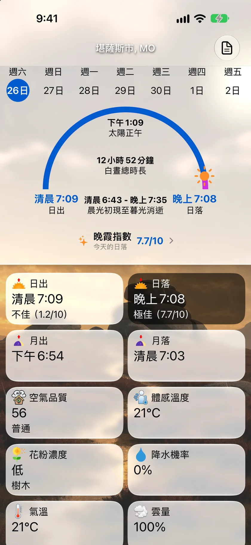 日出與日落詳細資訊畫面,顯示太陽軌跡、日出和日落時間、晚霞指數,下方為資料點方格。