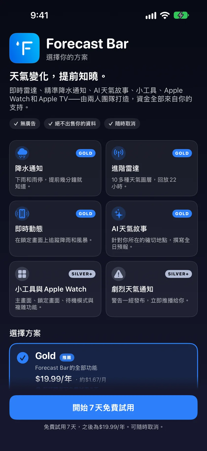 訂閱畫面,Gold方案卡片以勾號列出它的功能。