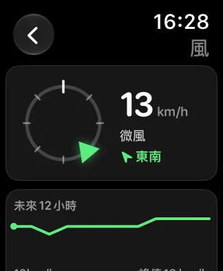 40mm Apple Watch SE上的同一個「風」畫面：左側是較小的羅盤圓環，旁邊顯示每小時8英里、「微風」和「北北東」，下方是「未來12小時」迷你走勢圖。