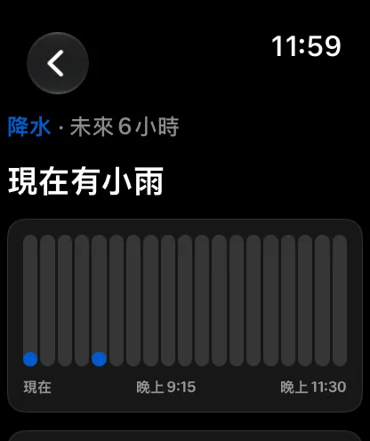「未來6小時」降水畫面，標題為「現在有小雨」，下方是一排涵蓋未來六小時的膠囊，目前時刻以藍色小圓點標示，底部標示「現在」、下午4:00和下午6:15。