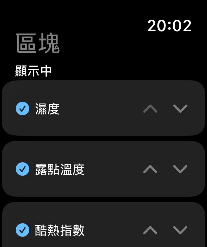 手錶上的「資料方塊」畫面，標題為「資料方塊」和「顯示中」，「濕度」、「露點溫度」和「酷熱指數」都已勾選，並各附上下箭頭。