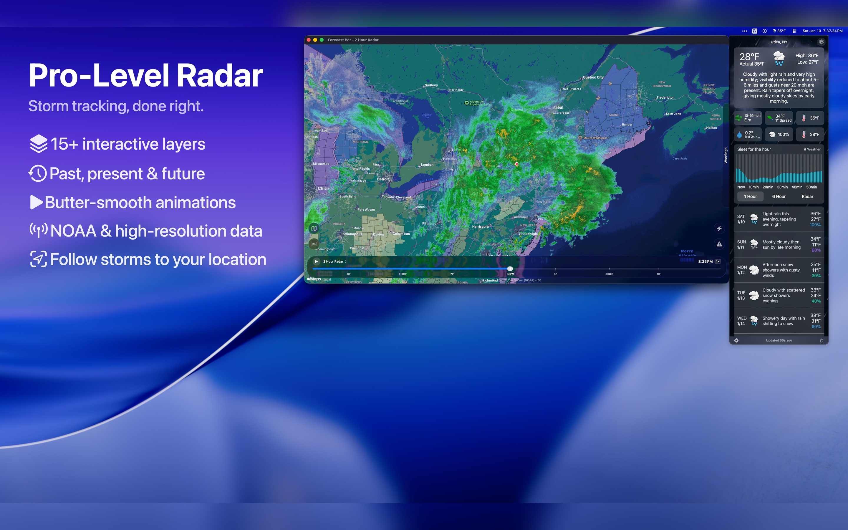 Forecast Bar Mac radar with storm tracking layers