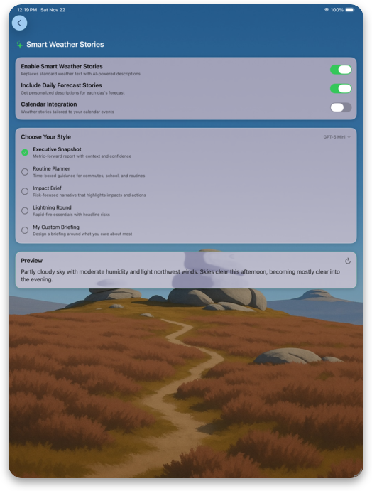 Forecast Bar Smart Weather Stories settings with five selectable briefing styles and a live preview of the generated text