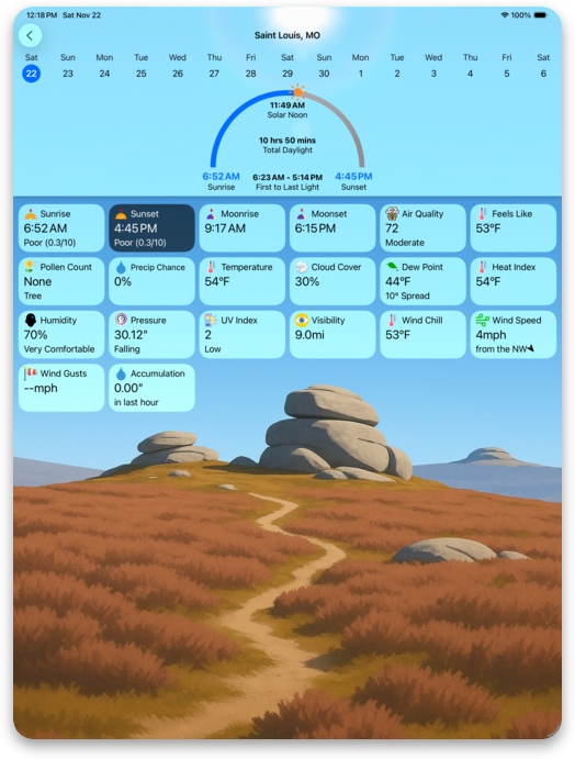 Forecast Bar sun and moon screen showing a sun path arc with sunrise, sunset, moonrise, moonset and cloud cover tiles