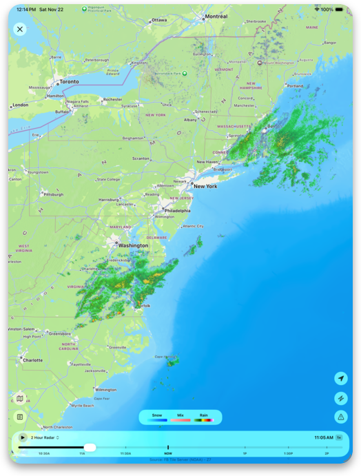 Forecast Bar radar on iPad showing precipitation with map layers