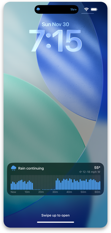 iPhone Lock Screen showing a Forecast Bar Live Activity with a minute-by-minute rain intensity chart