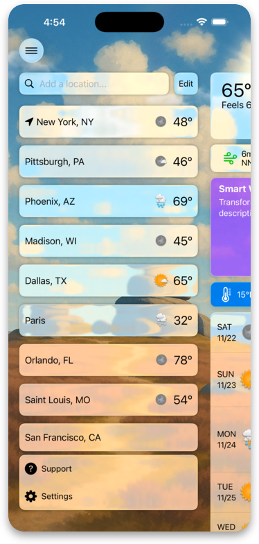 Side menu listing saved cities with current conditions