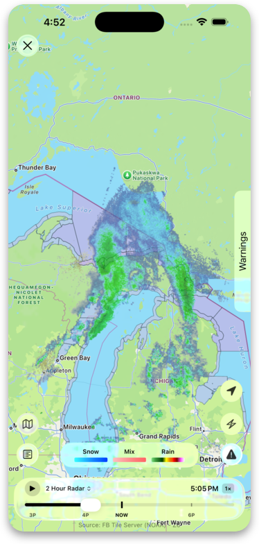 Animated radar map showing snow, mix, and rain over the Great Lakes