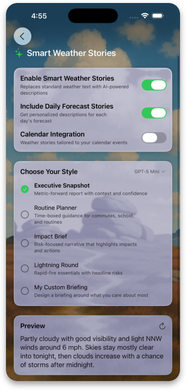Smart Weather Stories settings with selectable briefing styles and a live preview