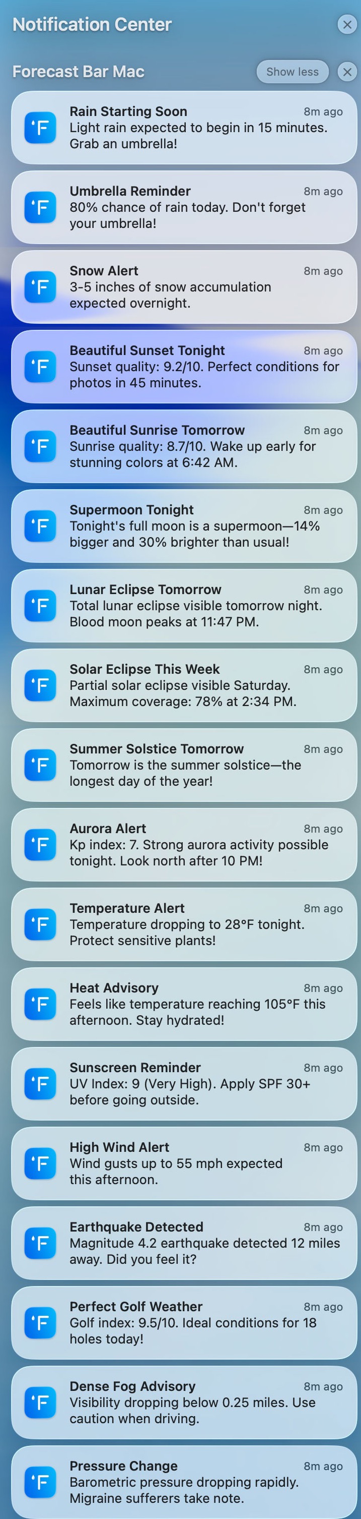 macOS Notification Center filled with Forecast Bar alerts — rain, sunsets, aurora, supermoons, and more